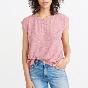 ABERCROMBIE & FITCH Dolman Short Sleeve Ditsy Floral Top, Pink/White, Size Small